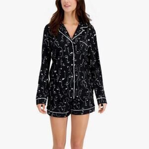 Alfani Ultra-Soft Notch Collar Shirt & Shorts Pajama Set Face Outline Size Small